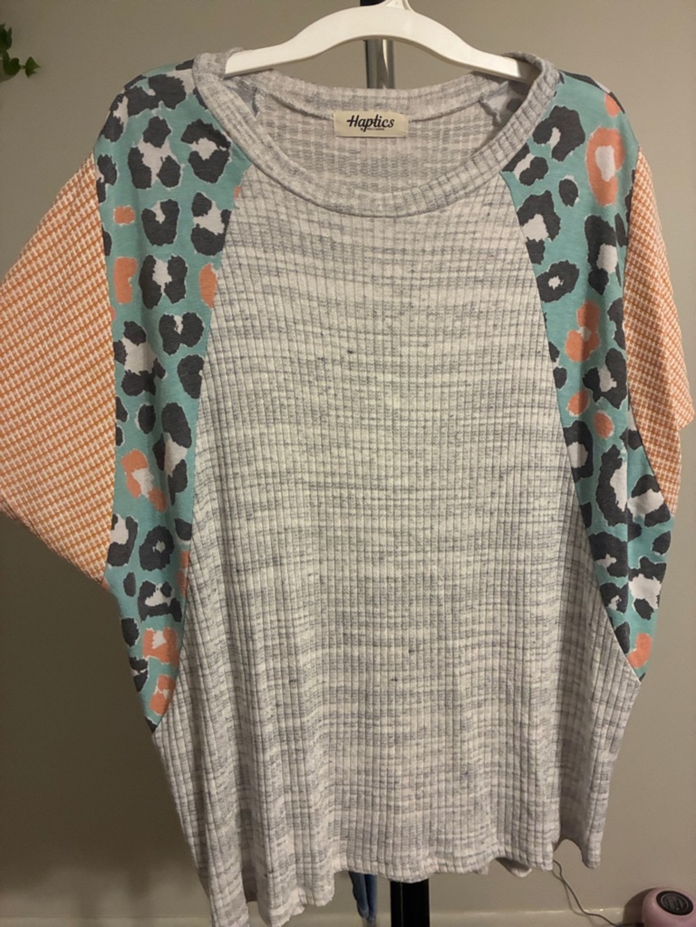 Haptics Gray Ribbed Top with Teal and Peach Accent Sleeves